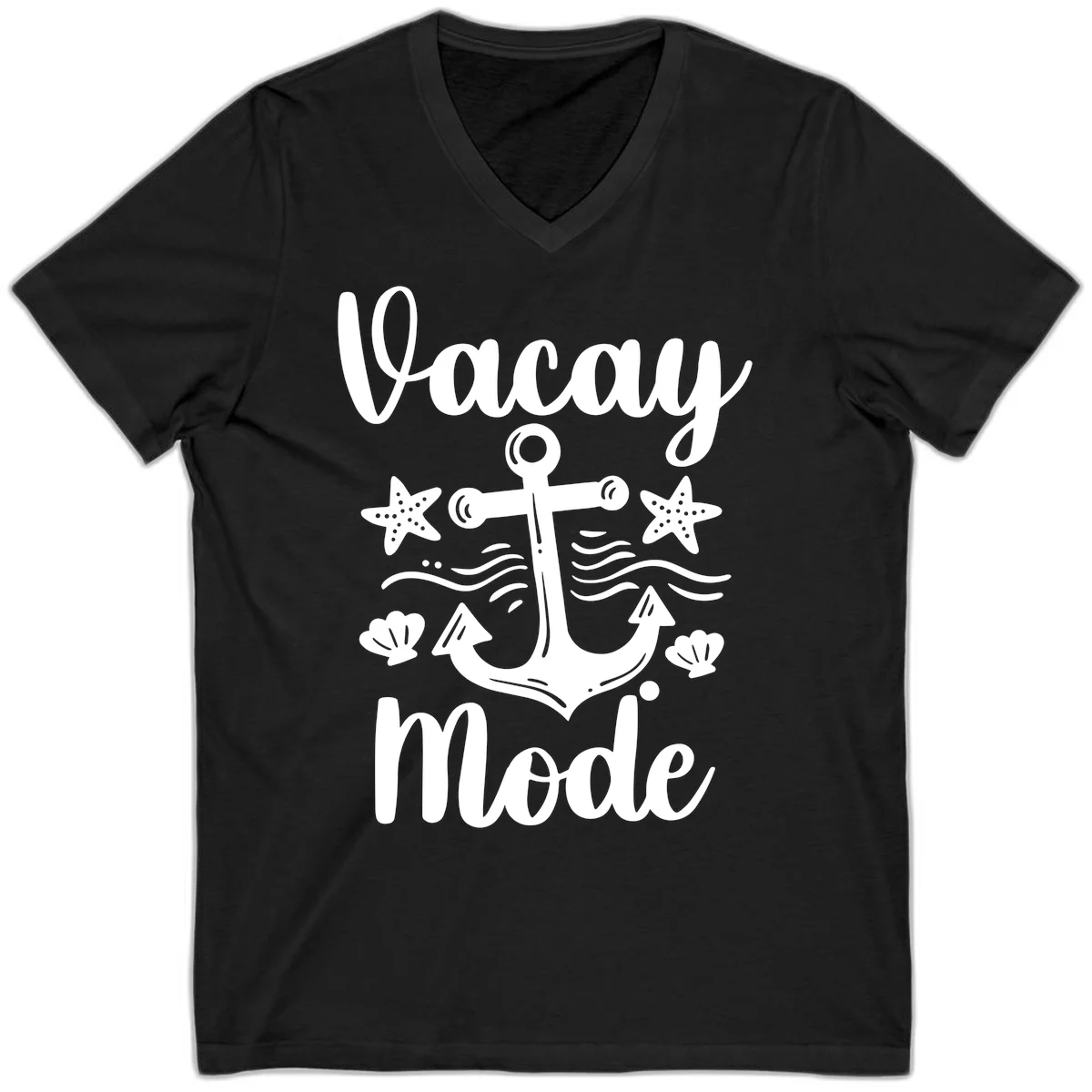 Vacay Mode Anchor V-Neck Tee in Black