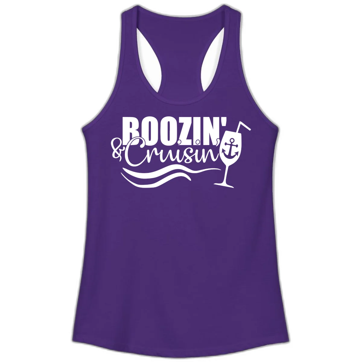 Boozin' & Cruising Nautical Design Ladies Tank in Solid Purple Rush
