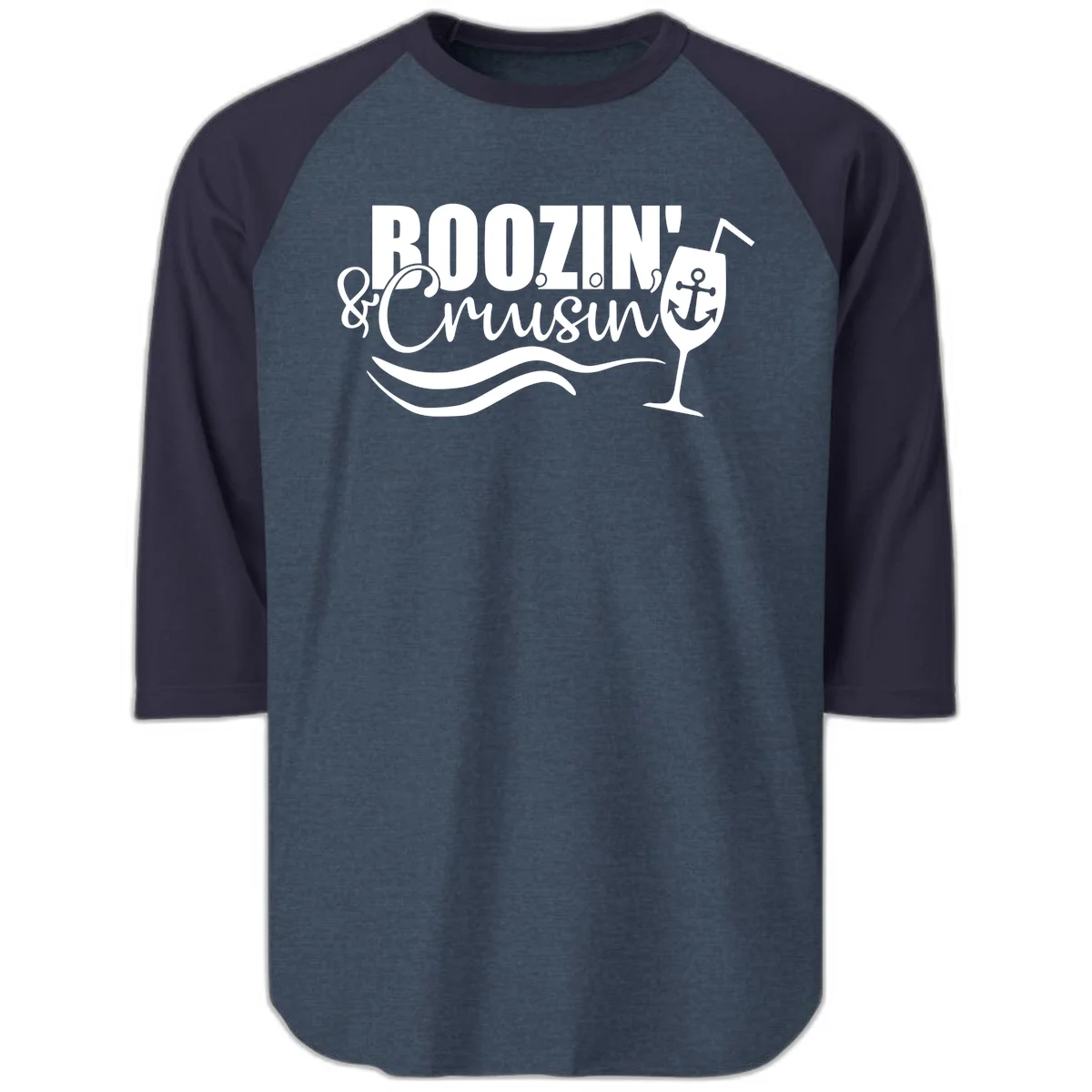Boozin' & Cruising Nautical Design Raglan 3/4 in Heather Denim Navy