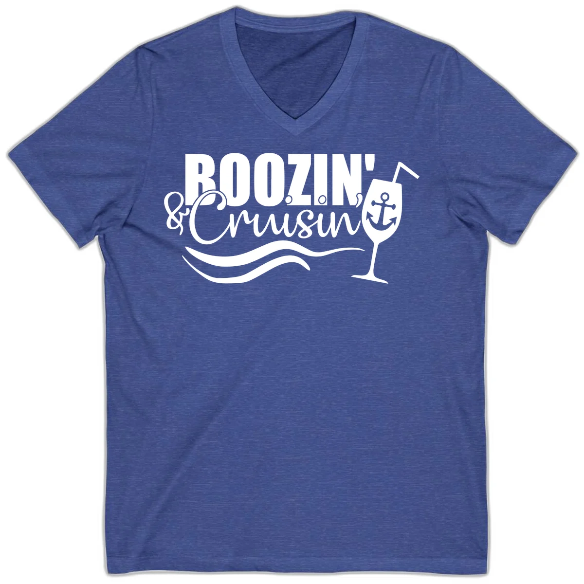 Boozin' & Cruising Nautical Design V-Neck in Heather True Royal