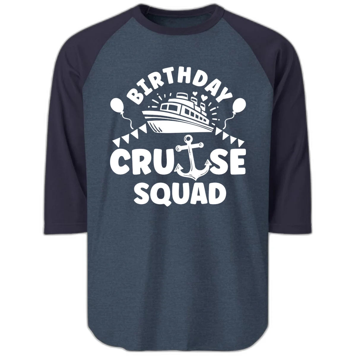 Birthday Cruise Squad Raglan 3/4 in Heather Denim Navy