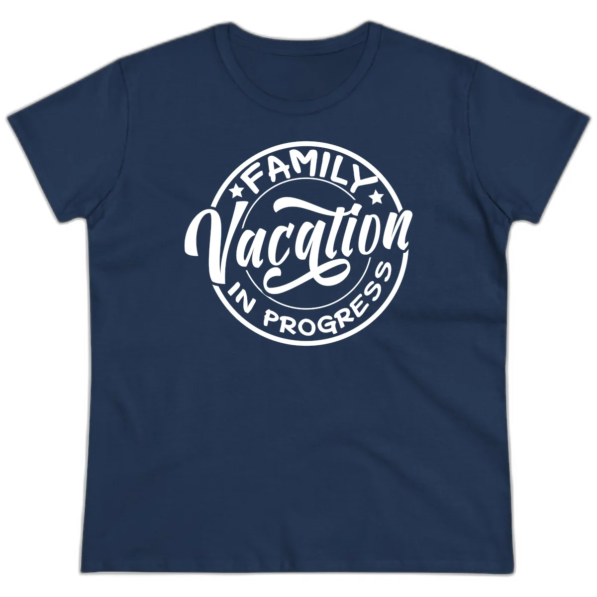 Family Vacation Badge Ladies Tee in Navy