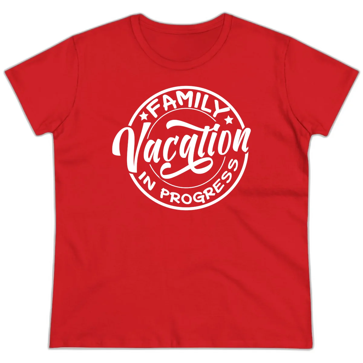 Family Vacation Badge Ladies Tee in Red