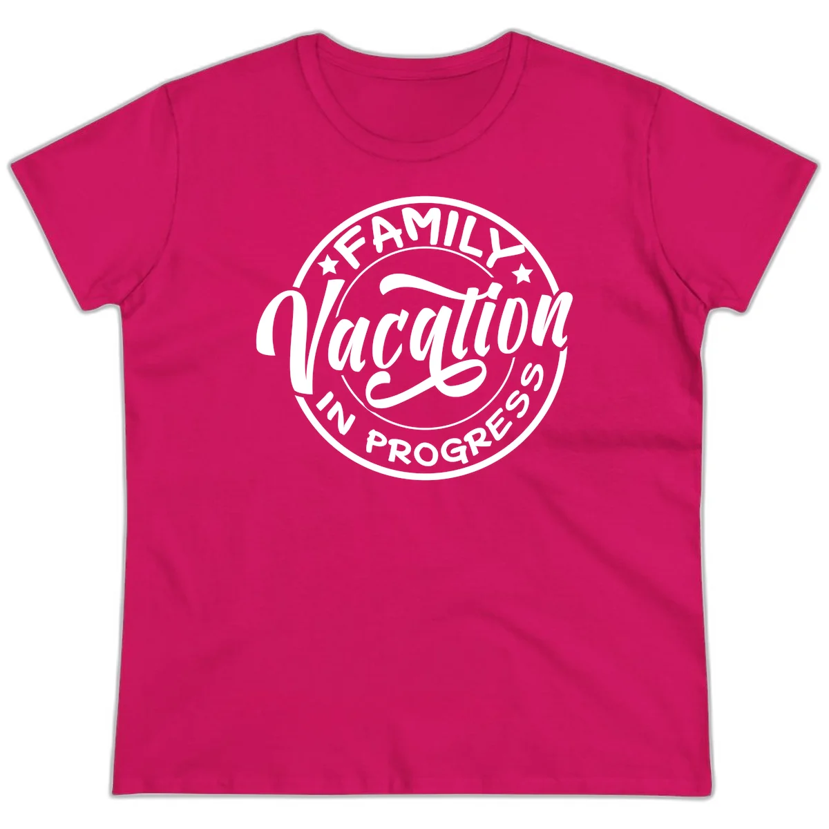Family Vacation Badge Ladies Tee in Heliconia