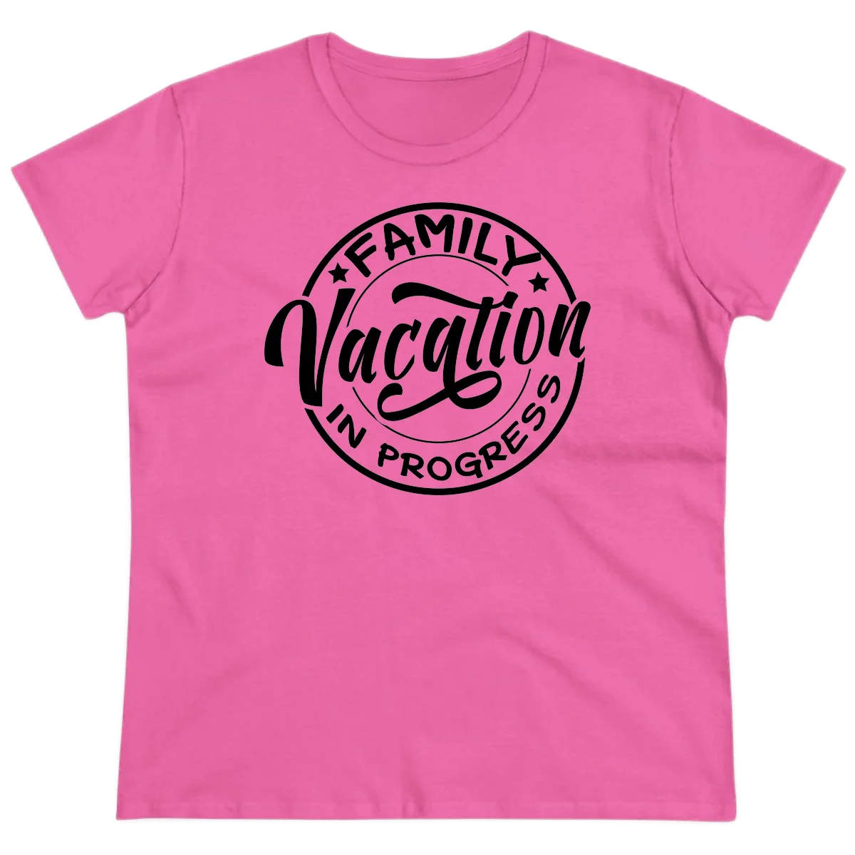 Family Vacation Badge Ladies Tee in Azalea