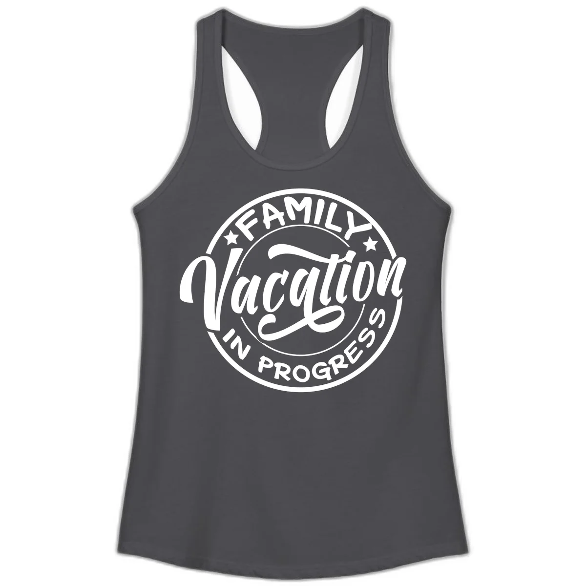 Family Vacation Badge Ladies Tank in Solid Dark Gray