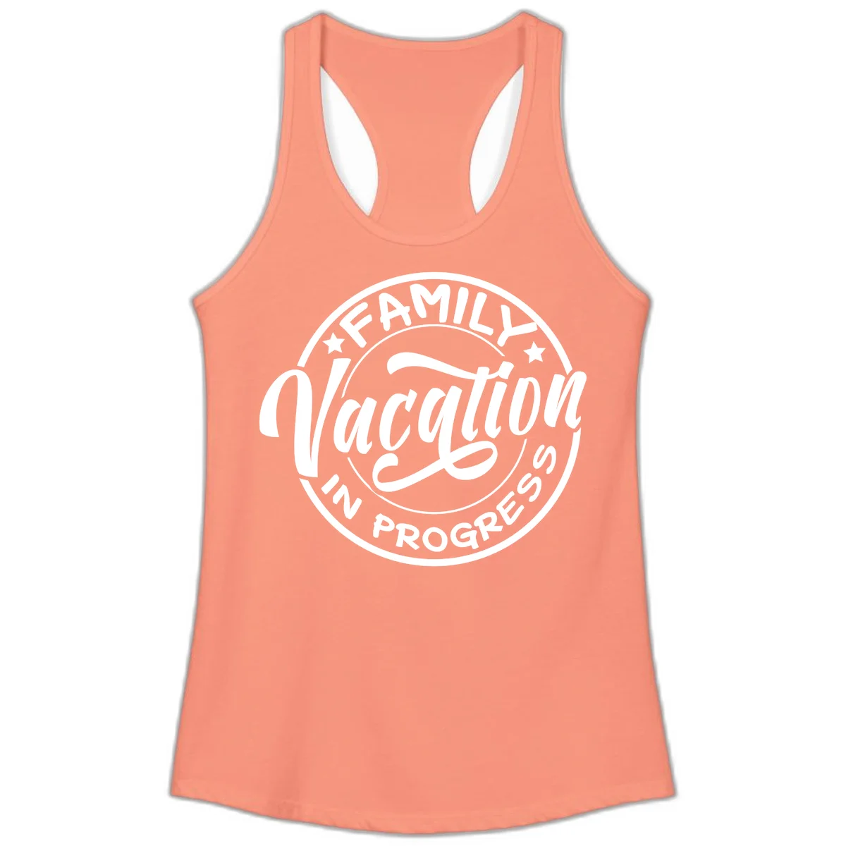 Family Vacation Badge Ladies Tank in Solid Light Orange