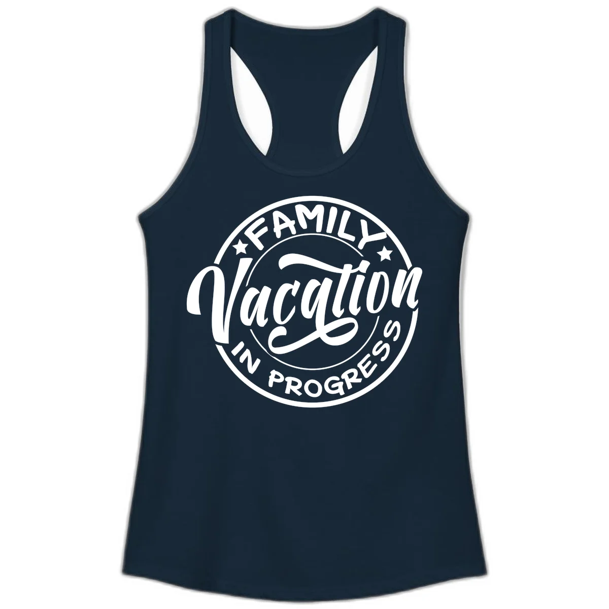 Family Vacation Badge Ladies Tank in Solid Midnight Navy