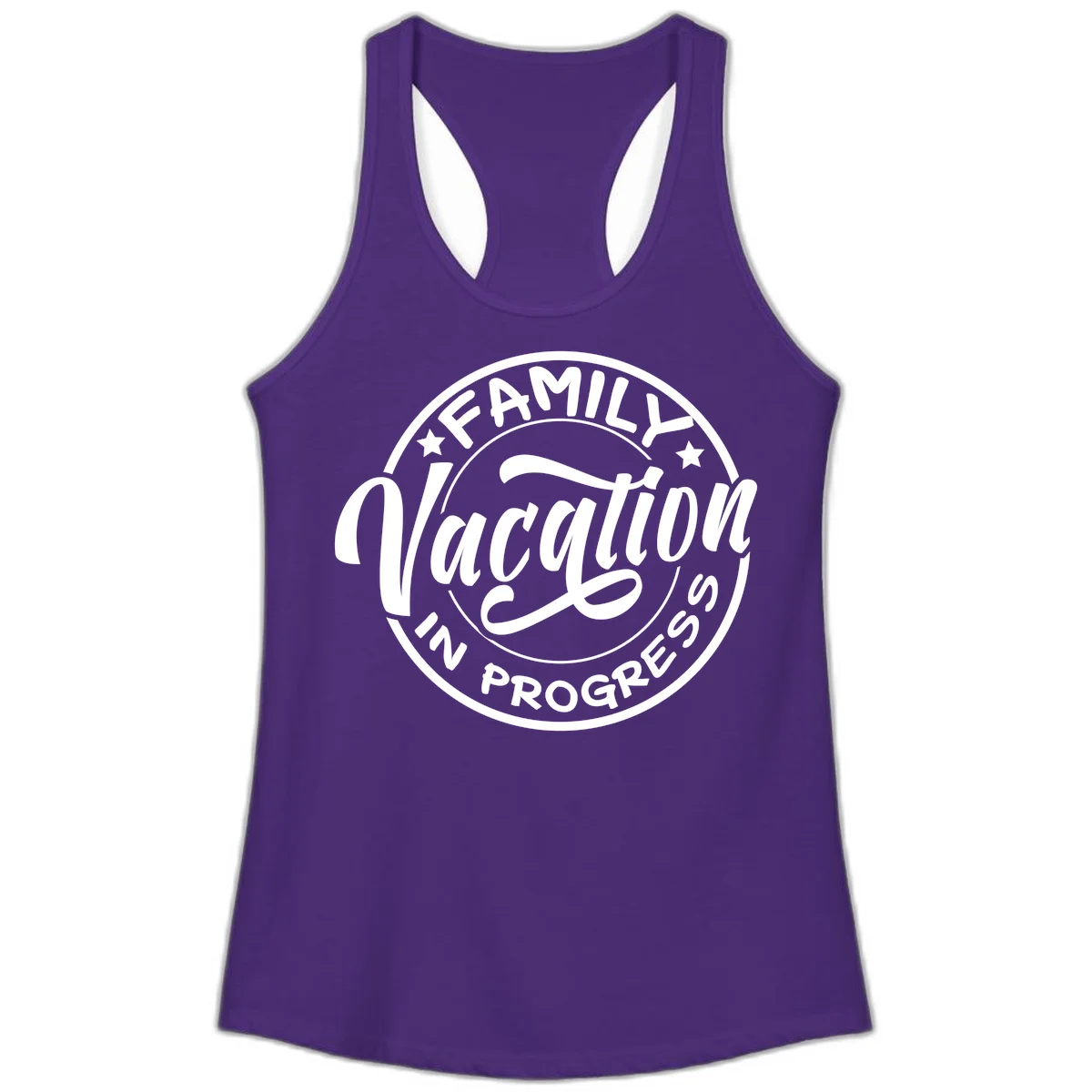 Family Vacation Badge Ladies Tank in Solid Purple Rush