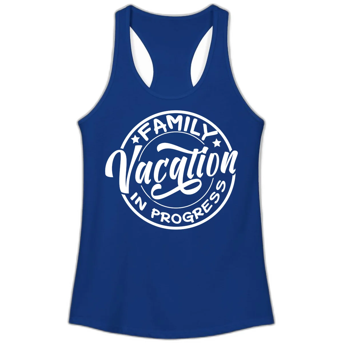 Family Vacation Badge Ladies Tank in Solid Royal