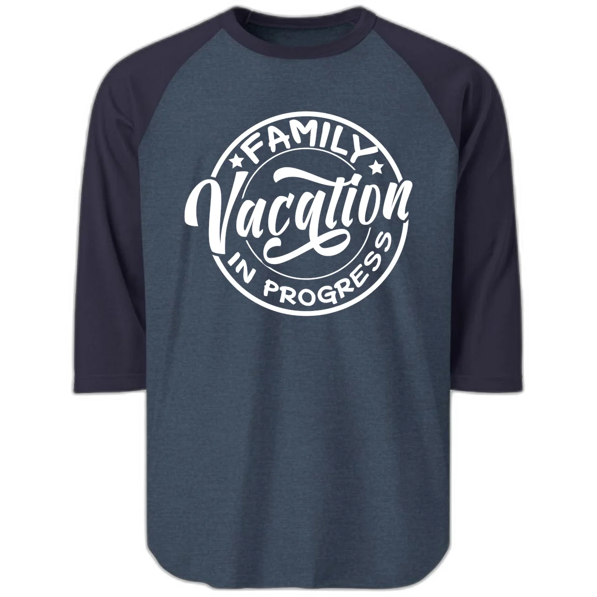 Family Vacation Badge Raglan 3/4 in Heather Denim Navy