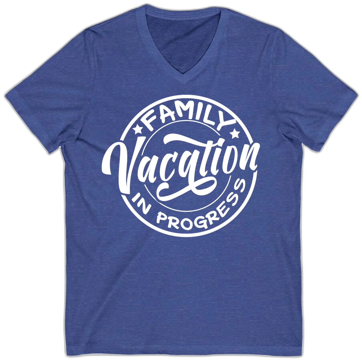 Family Vacation Badge V-Neck in Heather True Royal