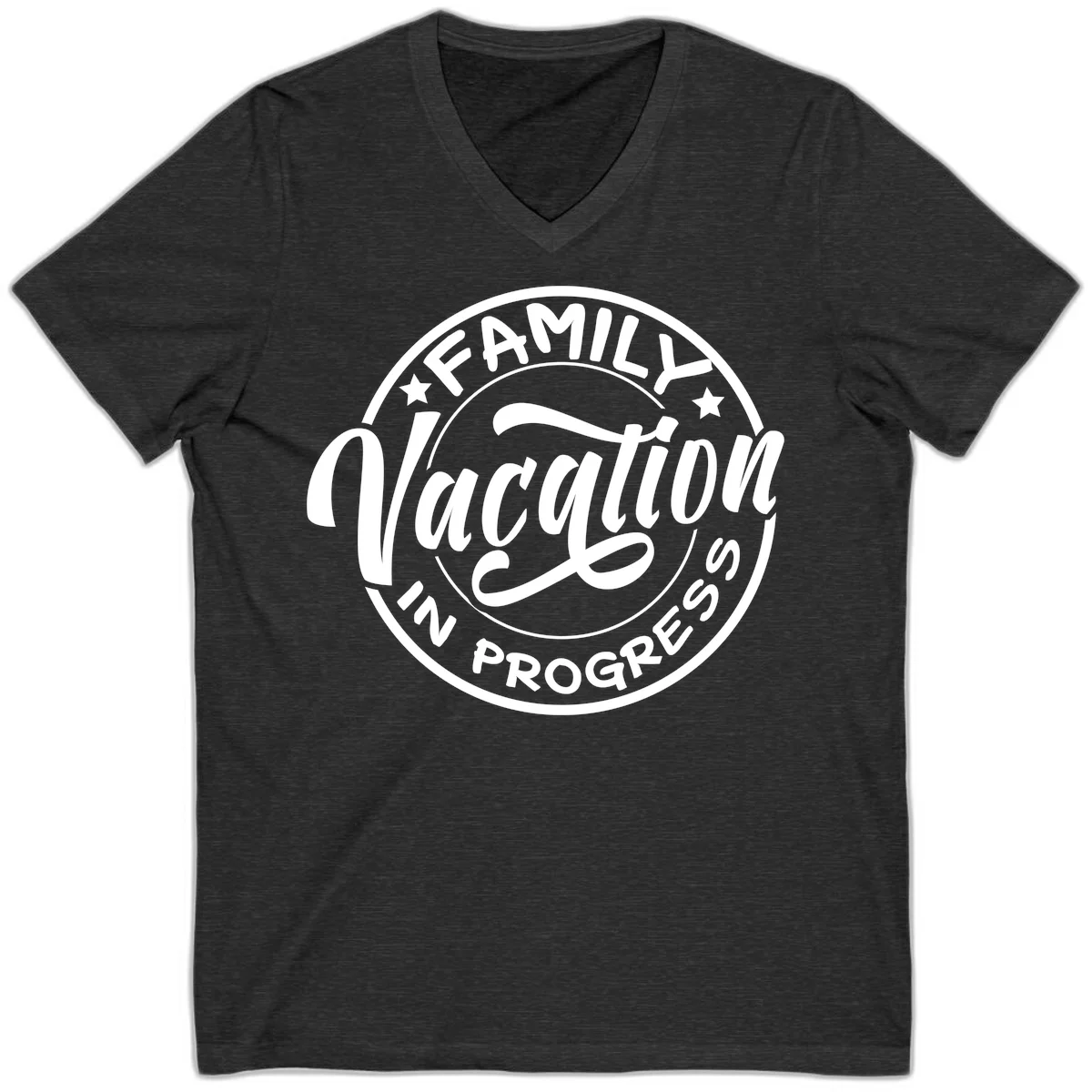 Family Vacation Badge V-Neck in Dark Grey Heather