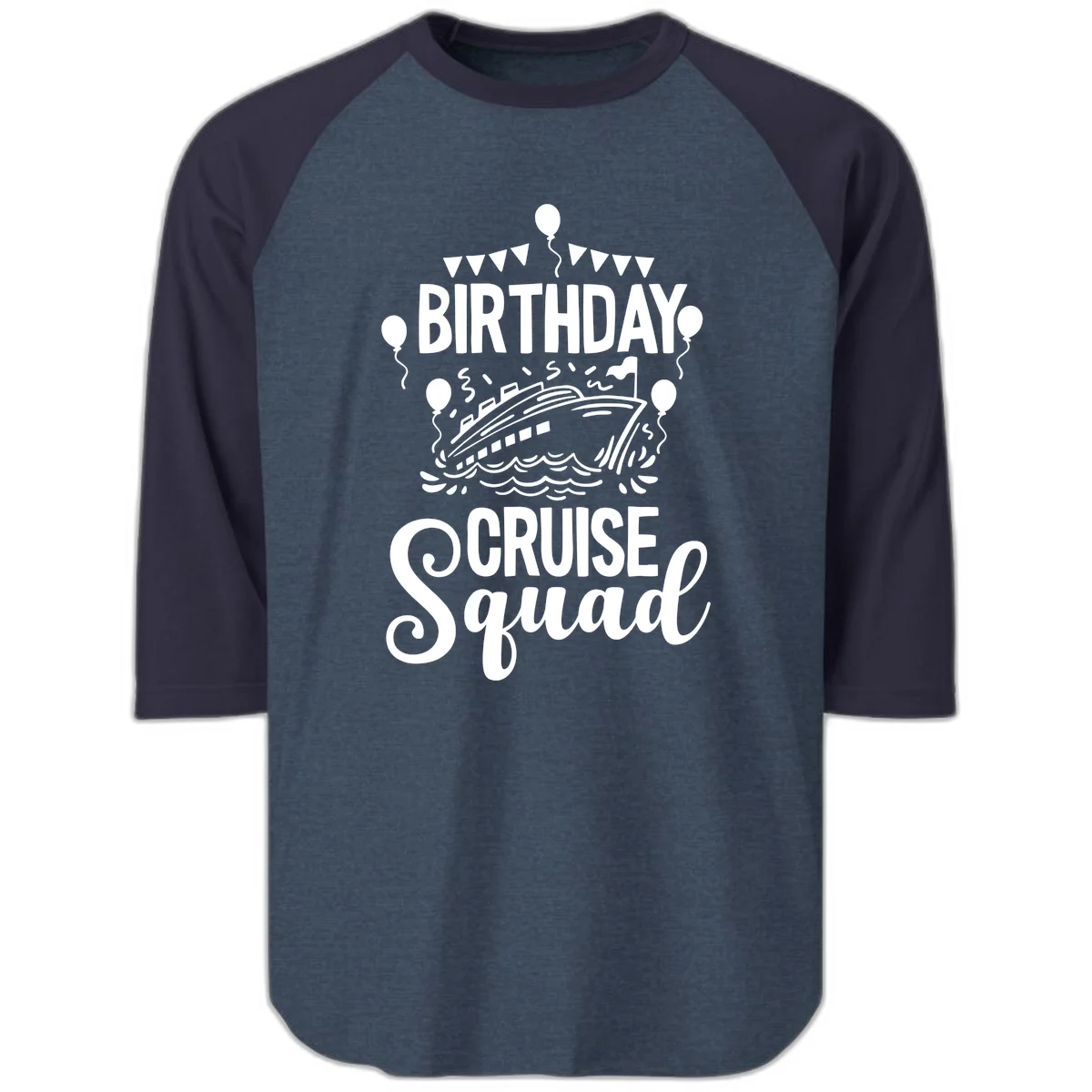 Birthday Cruise Squad Raglan 3/4 Sleeve Tee in Heather Denim Navy