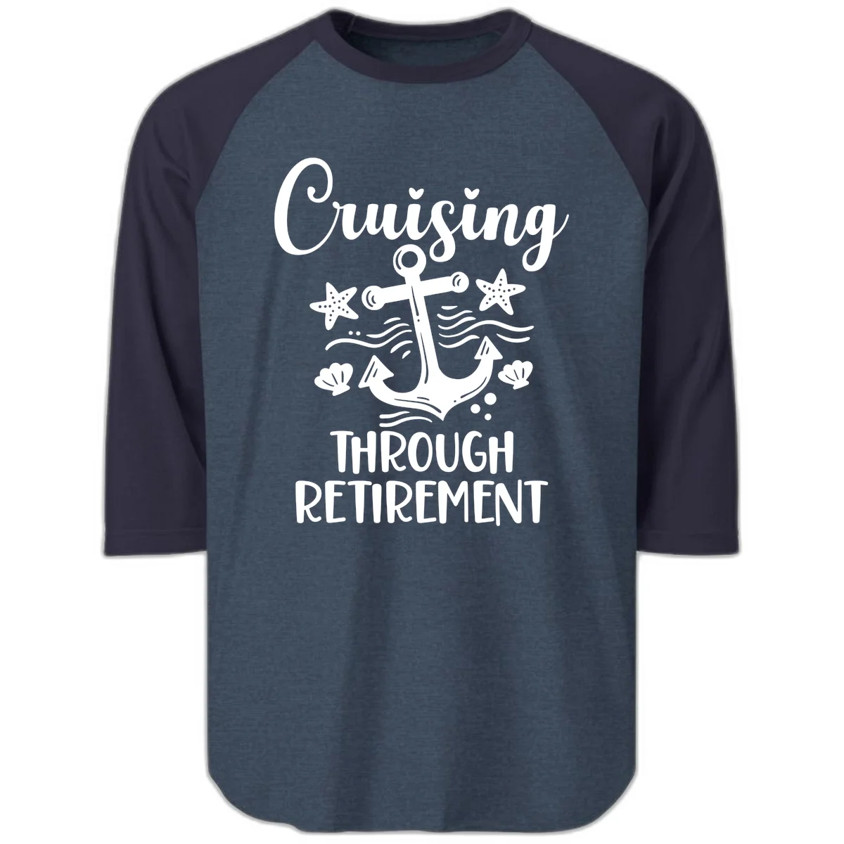 Cruising Through Retirement Raglan 3/4 in Heather Denim Navy
