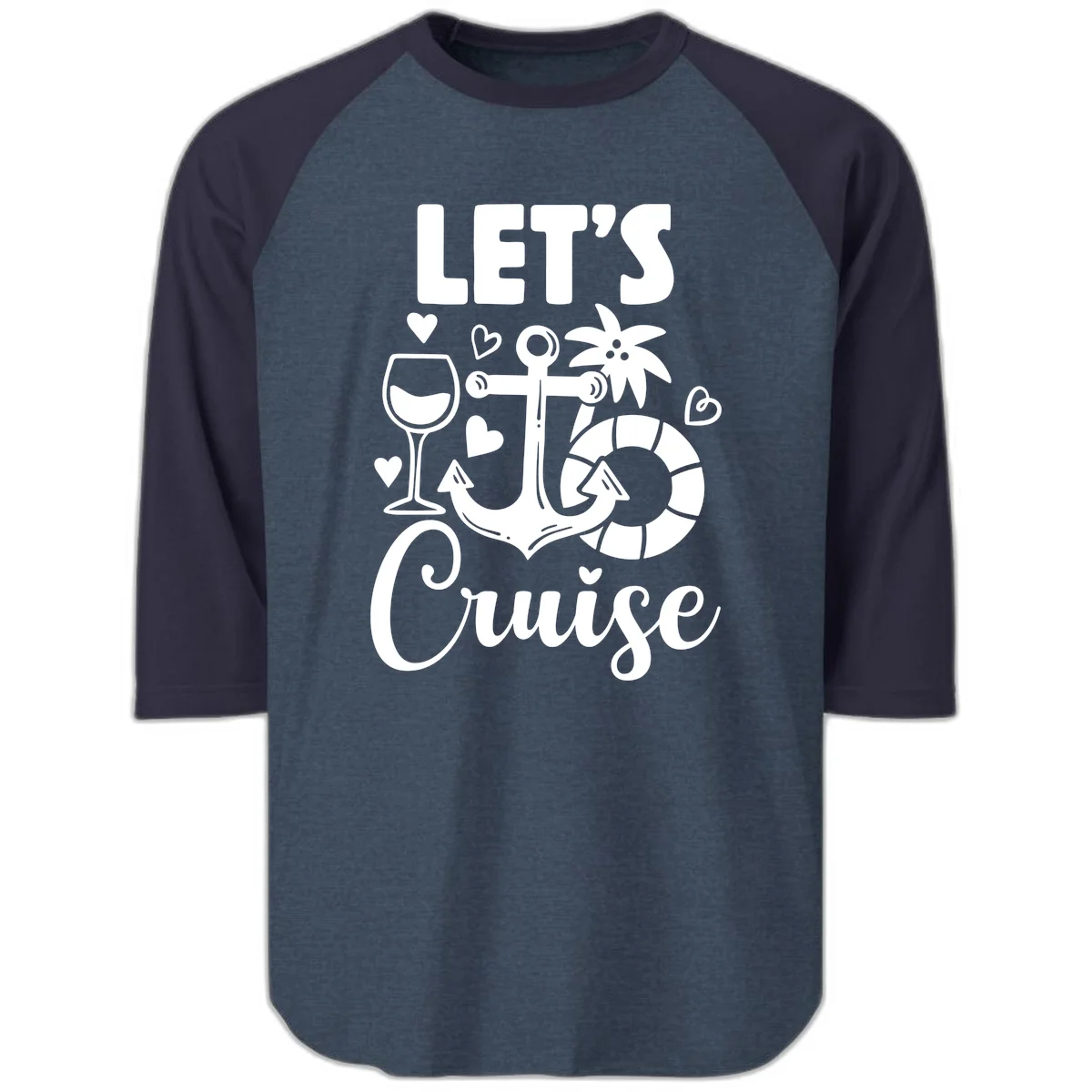 Let's Cruise Nautical Vibes Raglan 3/4 Tee in Heather Denim Navy