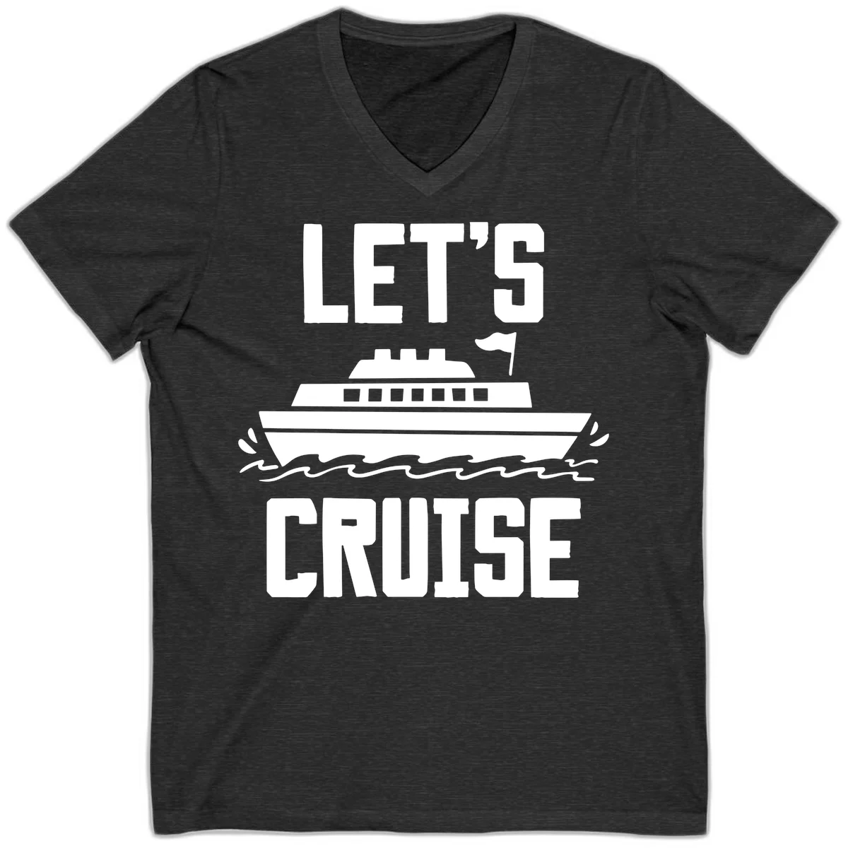 Let's Cruise Ship Vacation V-Neck Tee in Dark Grey Heather