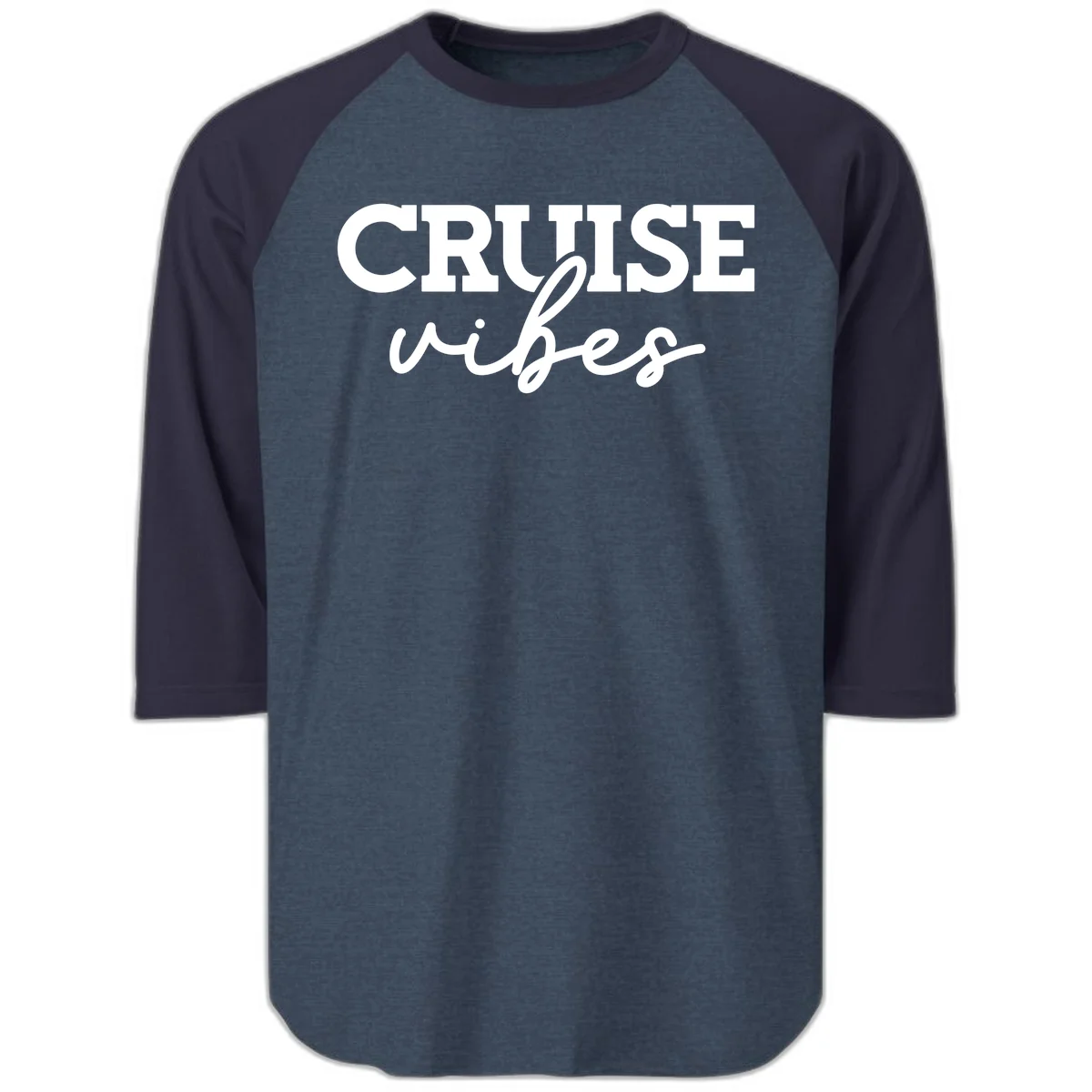 Cruise Vibes Script Raglan 3/4 Sleeve Tee in Heather Denim Navy