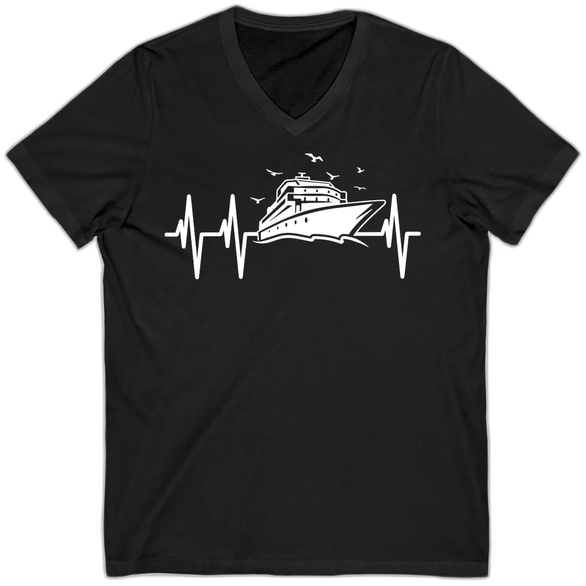 Cruise Heartbeat Ship Pulse V-Neck Vacation Tee in Black