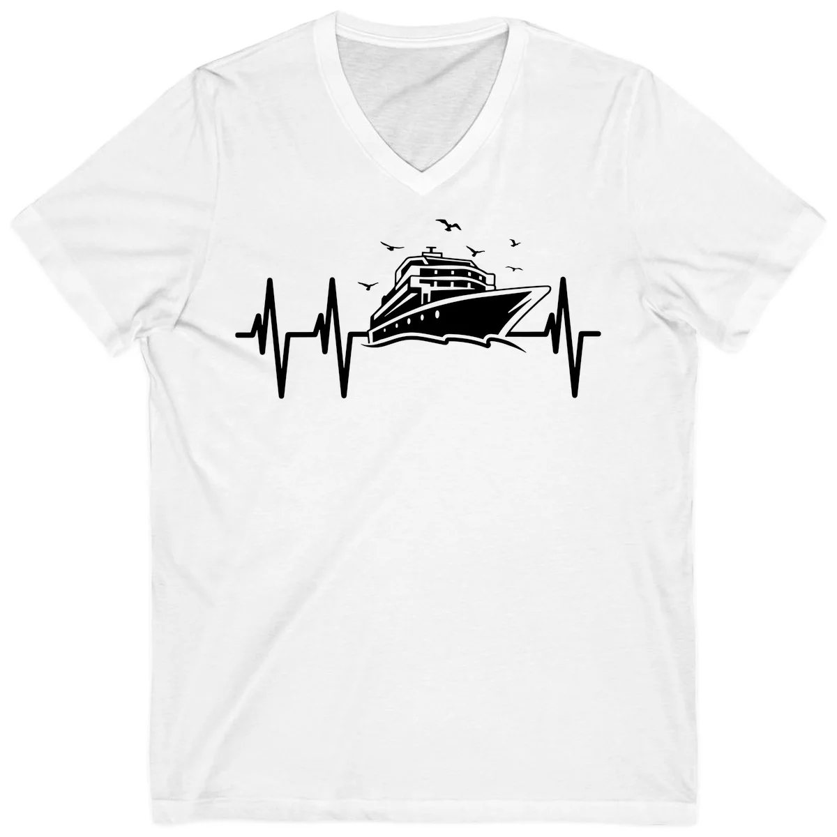 Cruise Heartbeat Ship Pulse V-Neck Vacation Tee in White