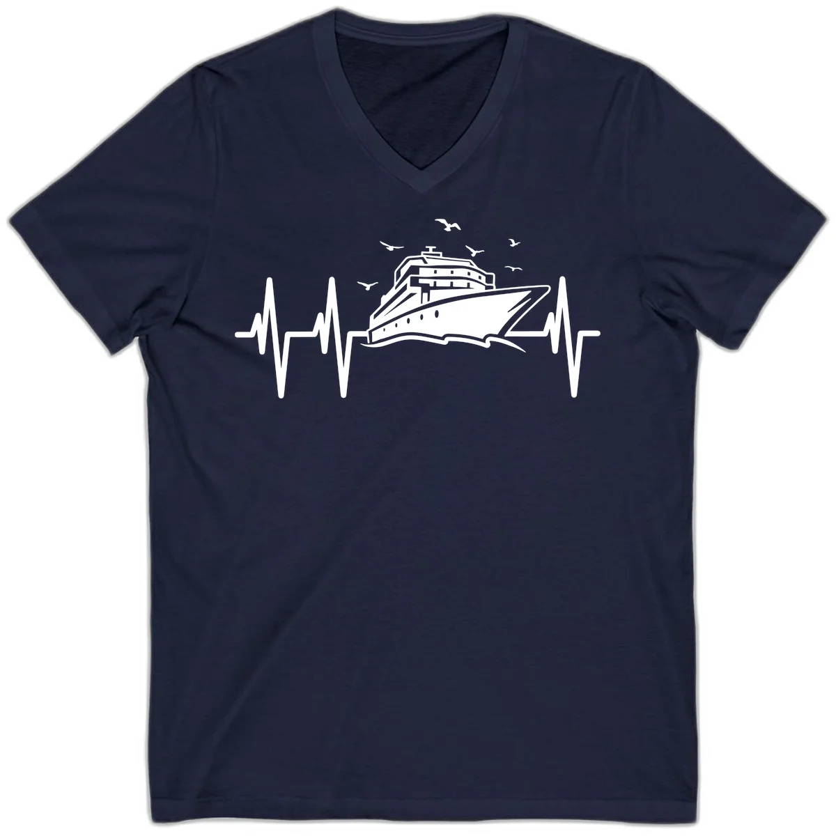 Cruise Heartbeat Ship Pulse V-Neck Vacation Tee in Navy