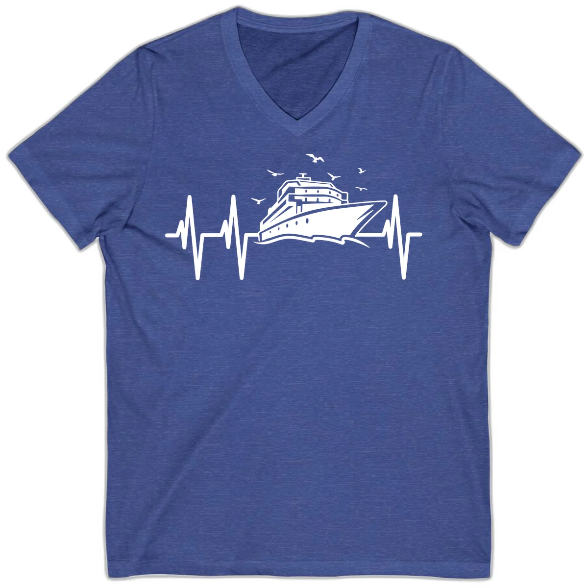 Cruise Heartbeat Ship Pulse V-Neck Vacation Tee in Heather True Royal
