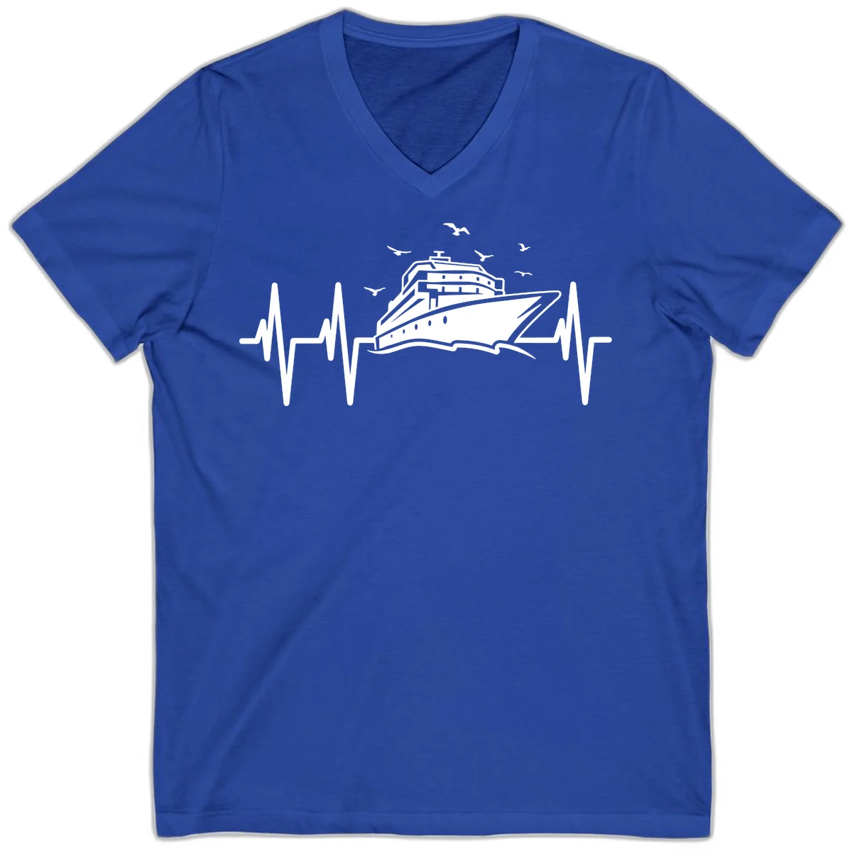 Cruise Heartbeat Ship Pulse V-Neck Vacation Tee in True Royal