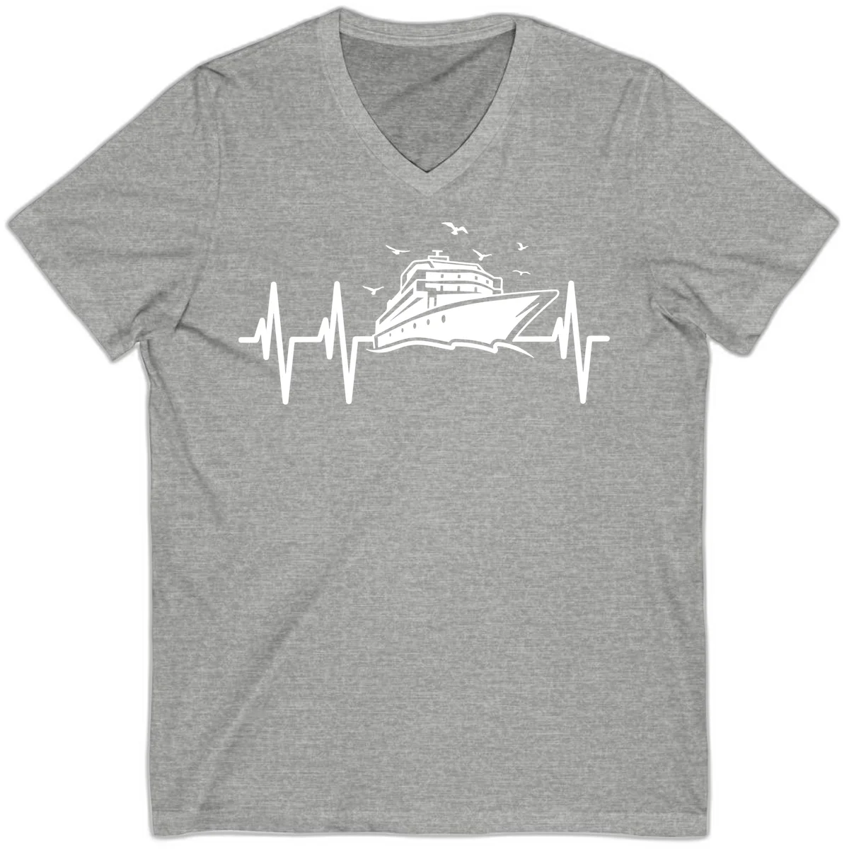Cruise Heartbeat Ship Pulse V-Neck Vacation Tee in Athletic Heather