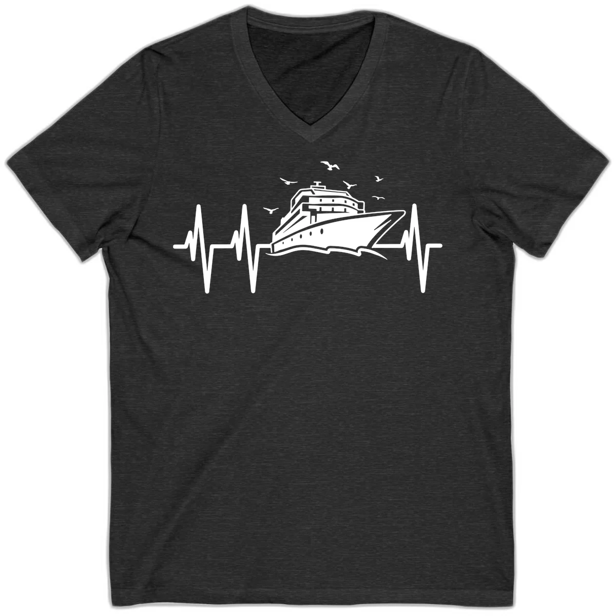 Cruise Heartbeat Ship Pulse V-Neck Vacation Tee in Dark Grey Heather