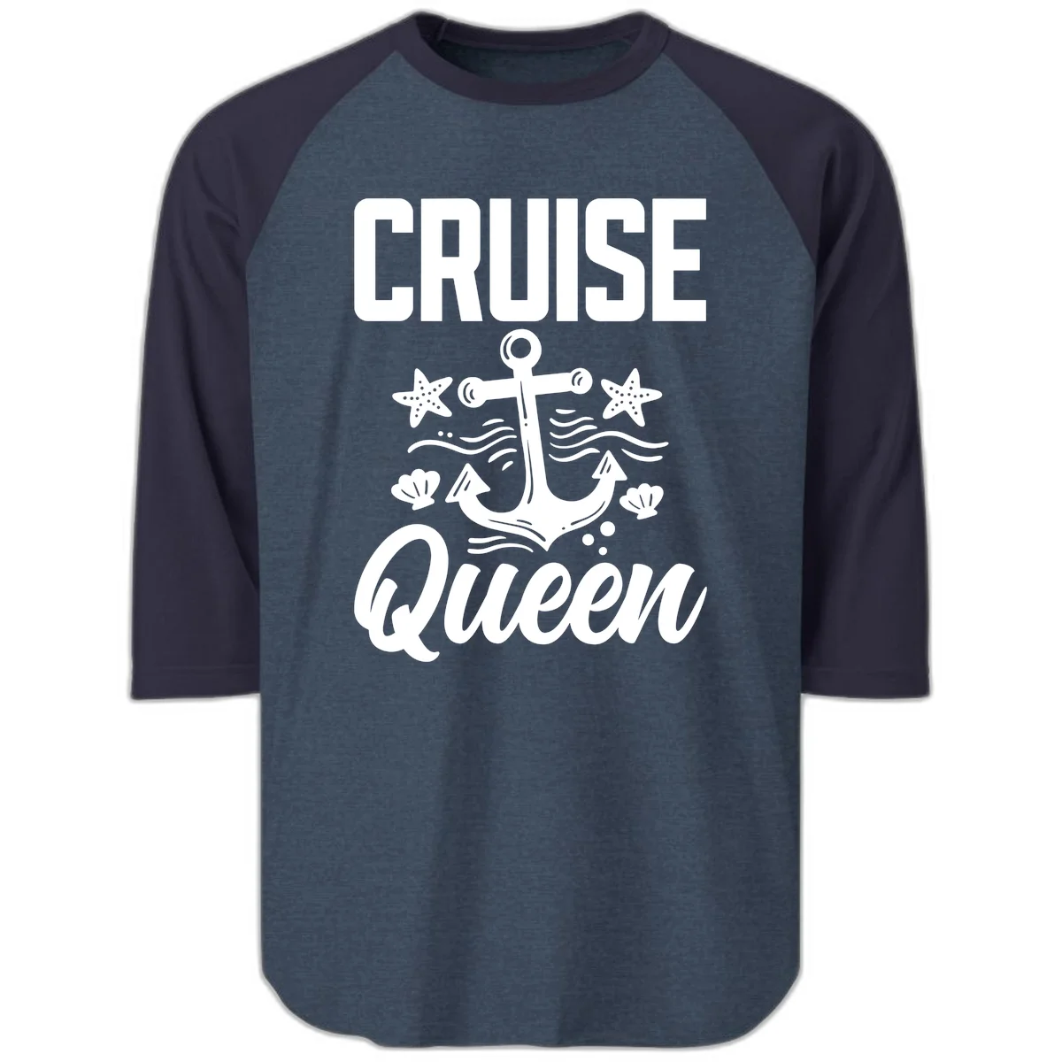 Cruise Queen Anchor Raglan 3/4 Sleeve Tee in Heather Denim Navy