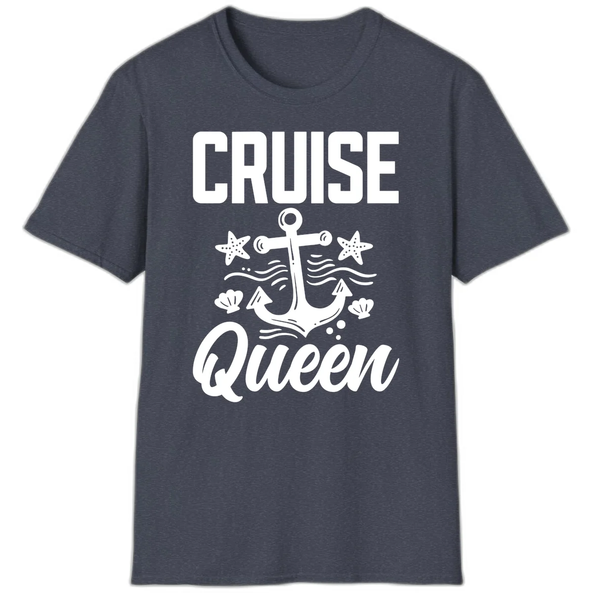 Cruise Queen Anchor Nautical Vacation T-Shirt in Heather Navy