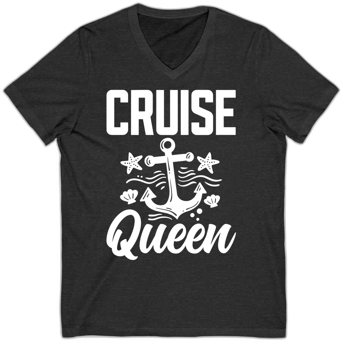 Cruise Queen Anchor Nautical V-Neck Tee in Dark Grey Heather