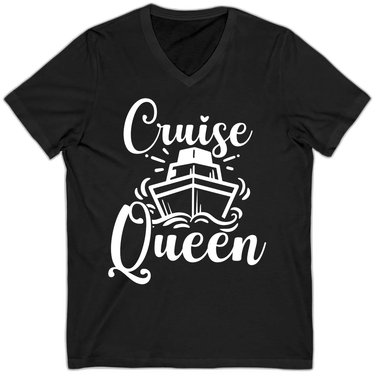 Cruise Queen V-Neck Tee - Vacation Ship Design in Black