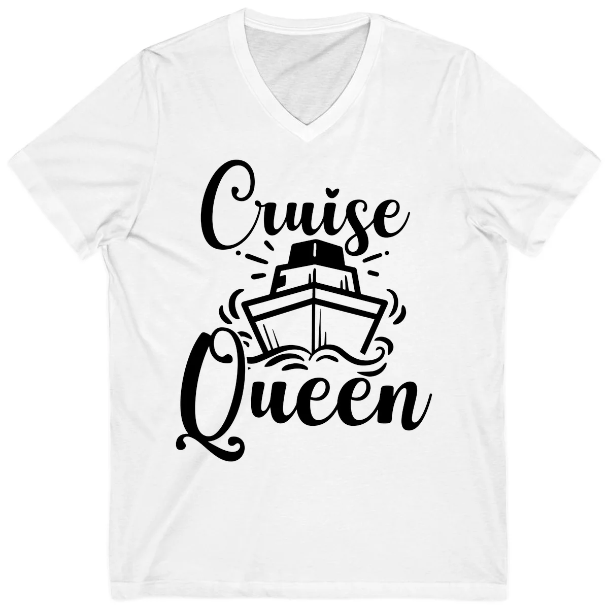 Cruise Queen V-Neck Tee - Vacation Ship Design in White