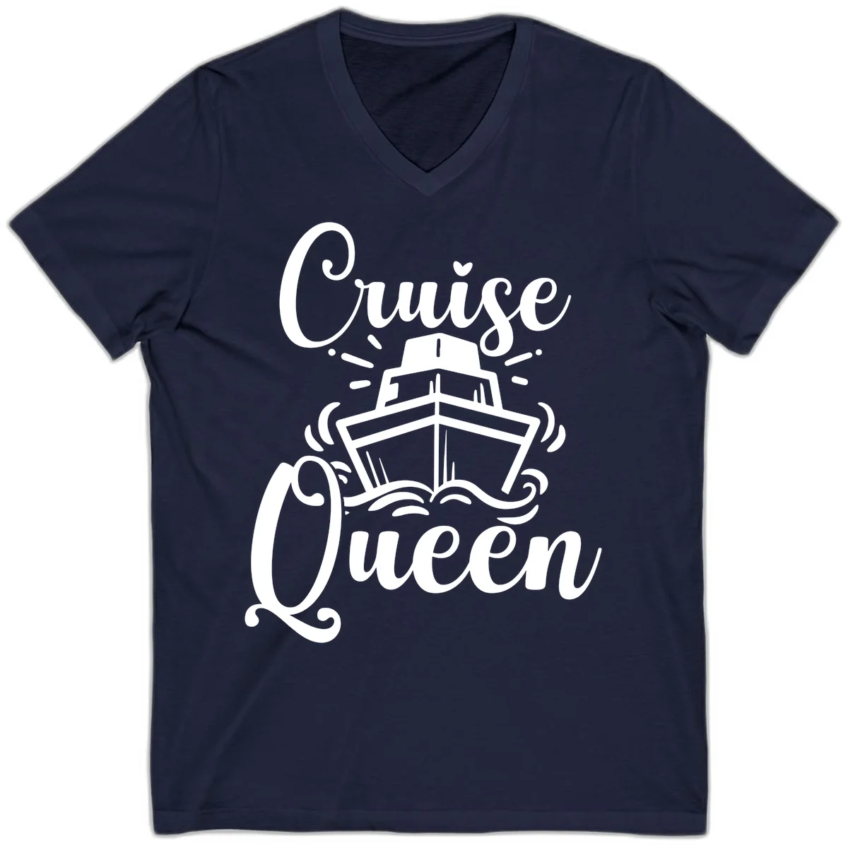 Cruise Queen V-Neck Tee - Vacation Ship Design in Navy