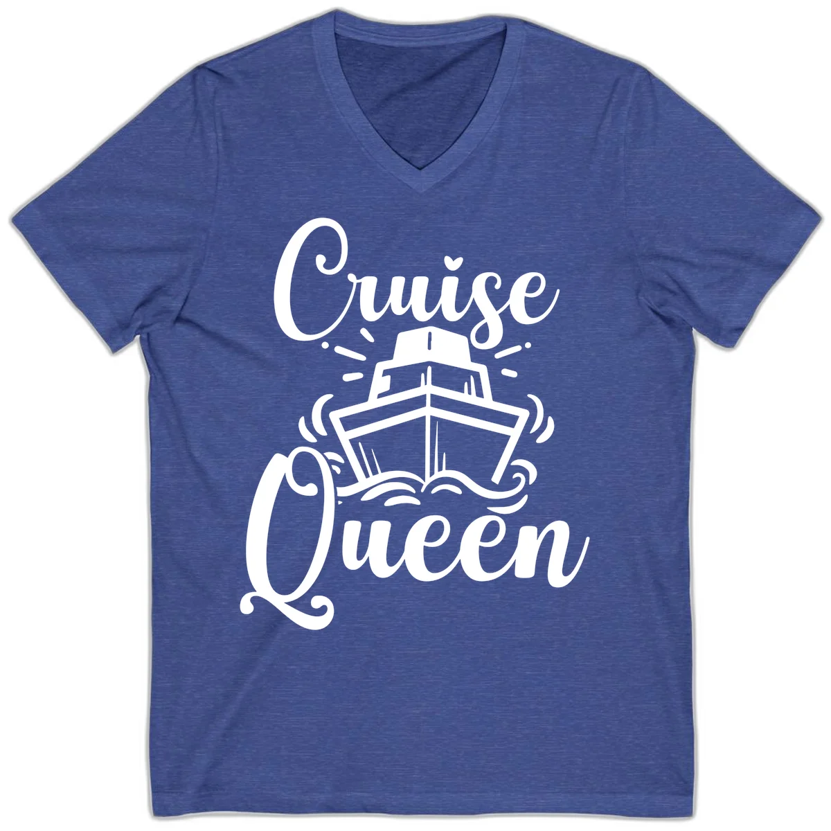 Cruise Queen V-Neck Tee - Vacation Ship Design in Heather True Royal