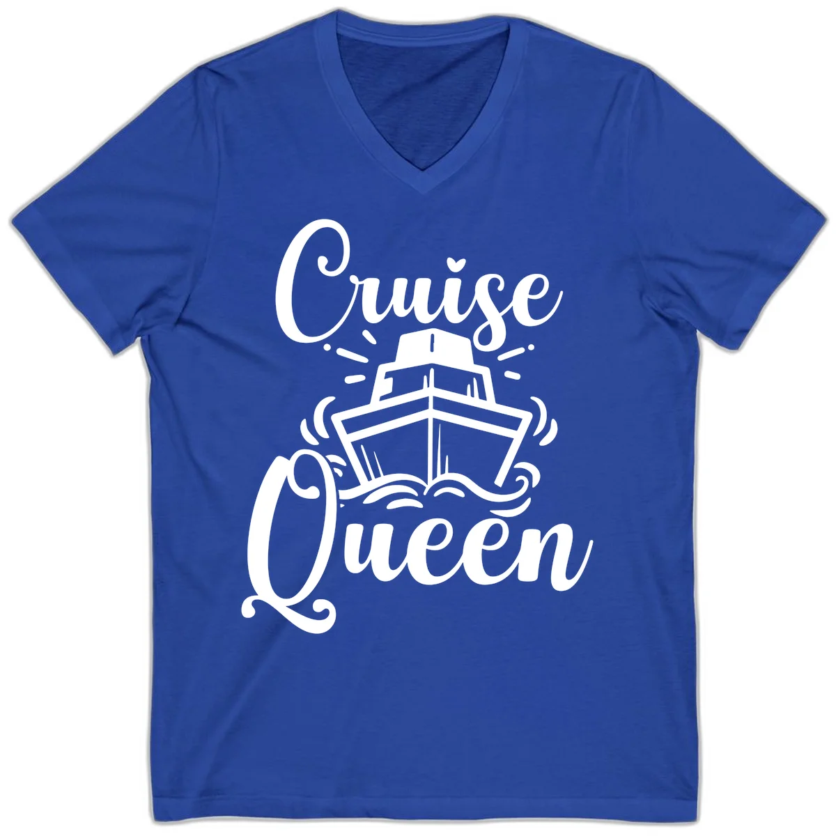 Cruise Queen V-Neck Tee - Vacation Ship Design in True Royal