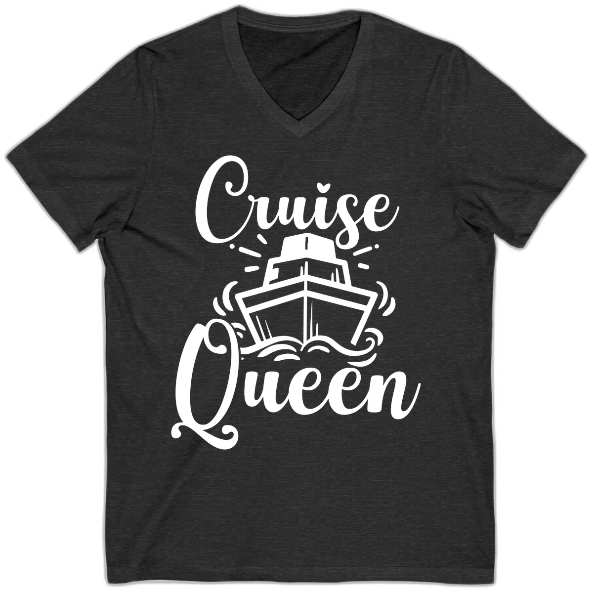 Cruise Queen V-Neck Tee - Vacation Ship Design in Dark Grey Heather