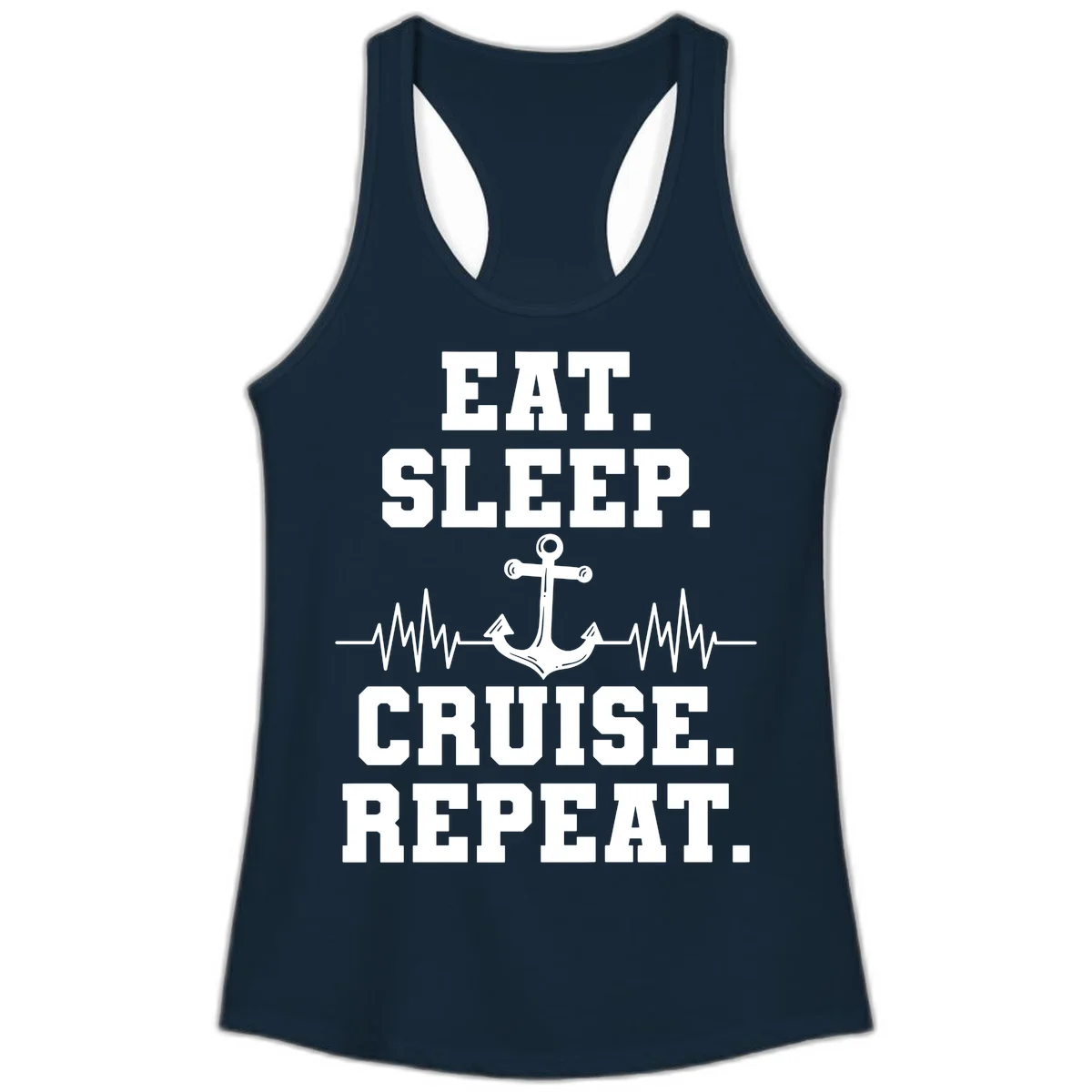 Eat Sleep Cruise Repeat Anchor Ladies Tank in Solid Midnight Navy