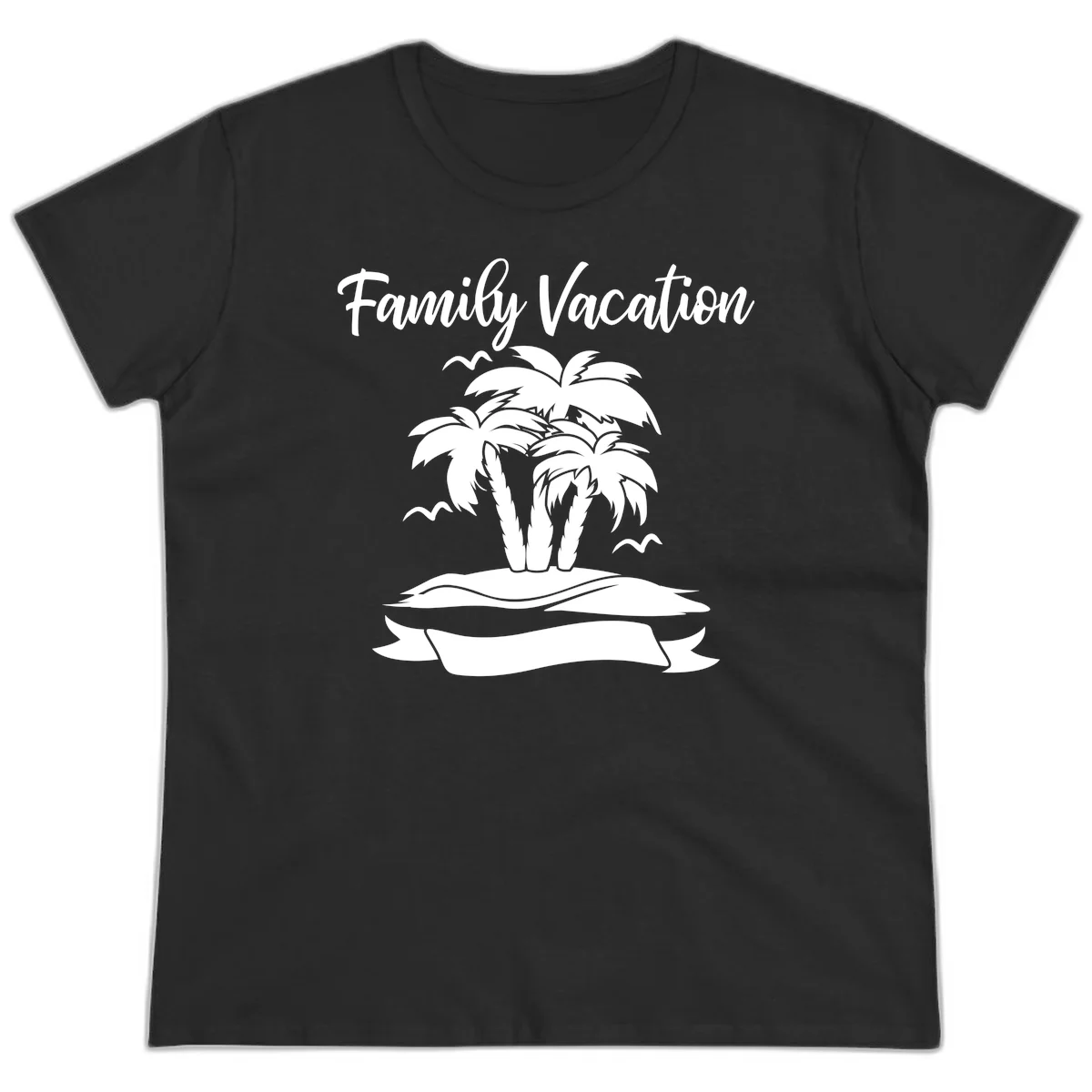 Family Vacation Palm Tree Island Ladies Tee in Black