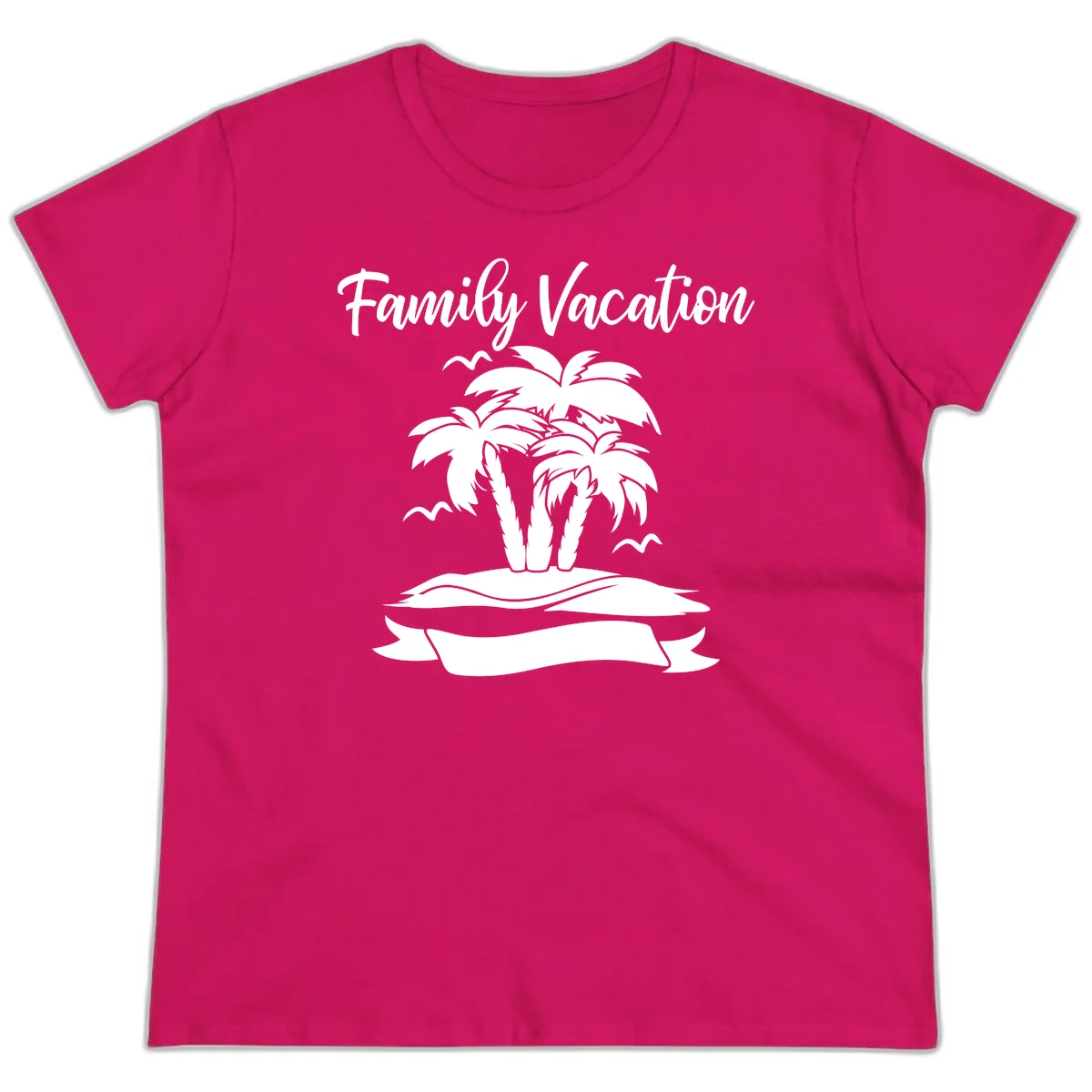 Family Vacation Palm Tree Island Ladies Tee in Heliconia