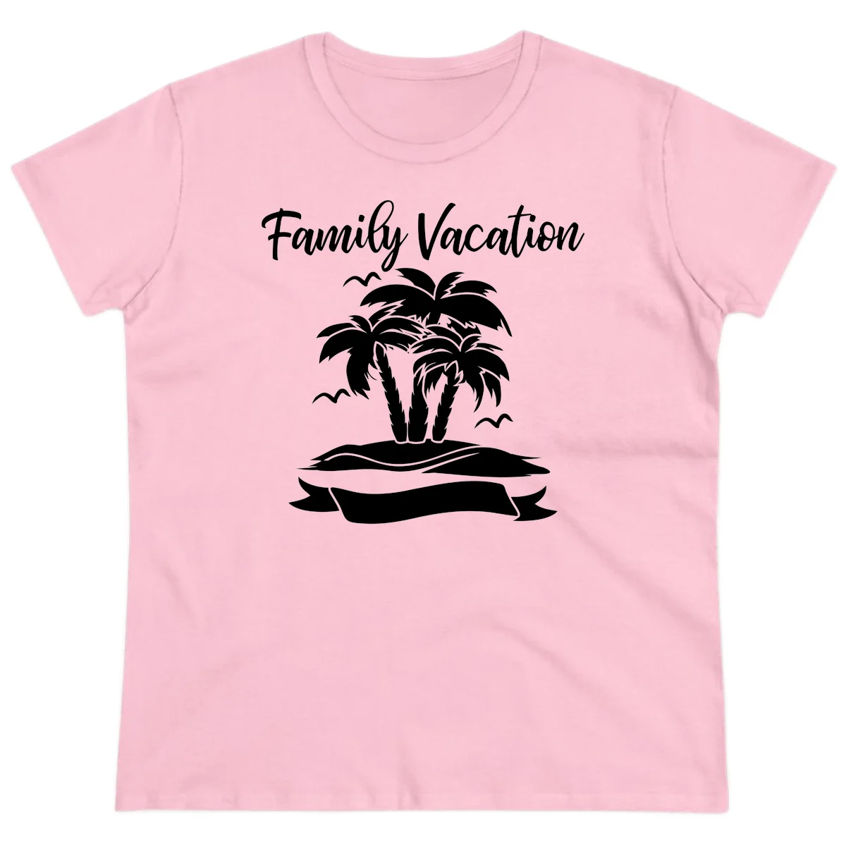 Family Vacation Palm Tree Island Ladies Tee in Light Pink