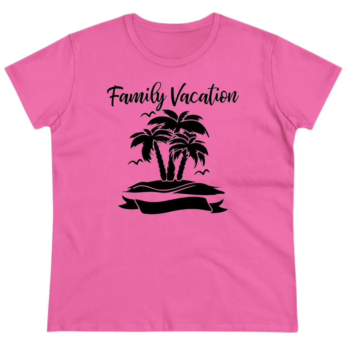 Family Vacation Palm Tree Island Ladies Tee in Azalea