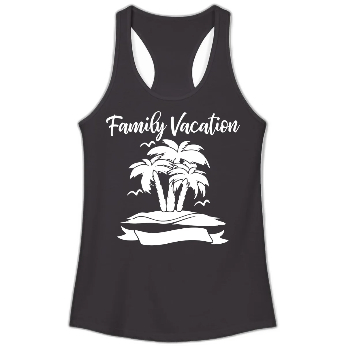 Family Vacation Palm Tree Island Ladies Tank in Black