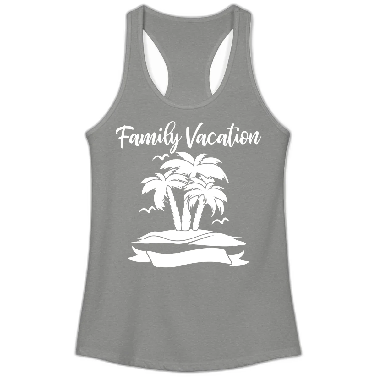 Family Vacation Palm Tree Island Ladies Tank in Heather Grey