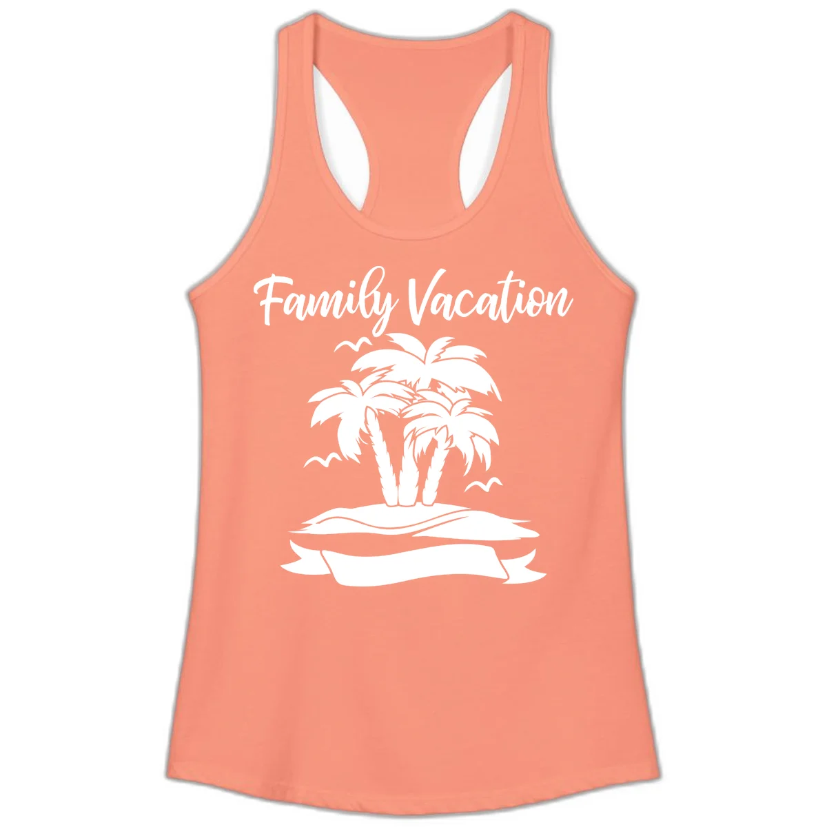 Family Vacation Palm Tree Island Ladies Tank in Solid Light Orange