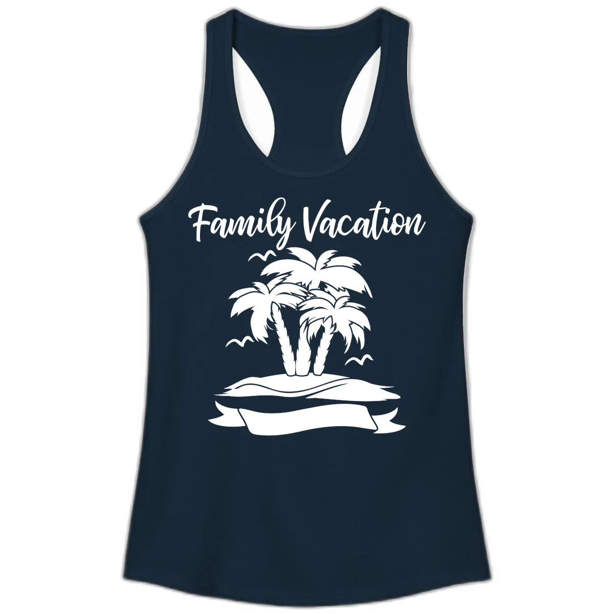 Family Vacation Palm Tree Island Ladies Tank in Solid Midnight Navy