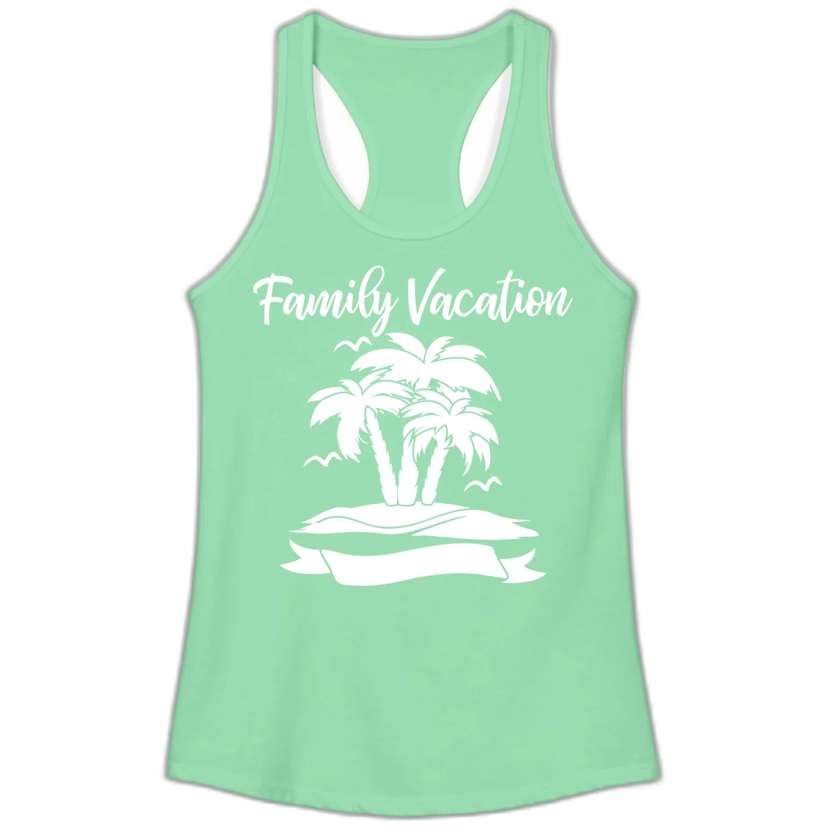 Family Vacation Palm Tree Island Ladies Tank in Solid Mint
