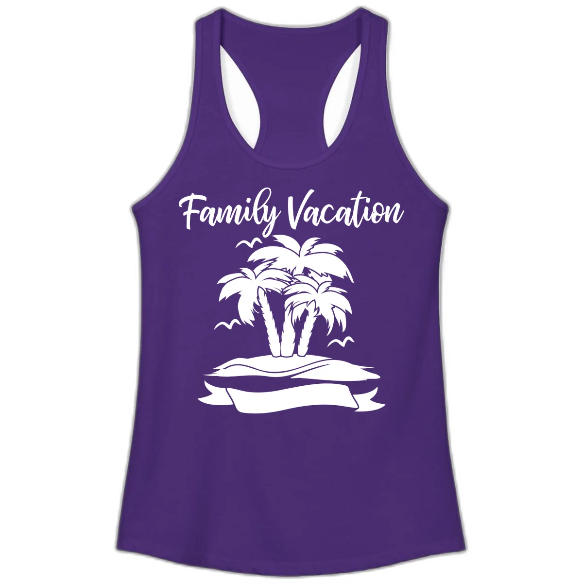 Family Vacation Palm Tree Island Ladies Tank in Solid Purple Rush