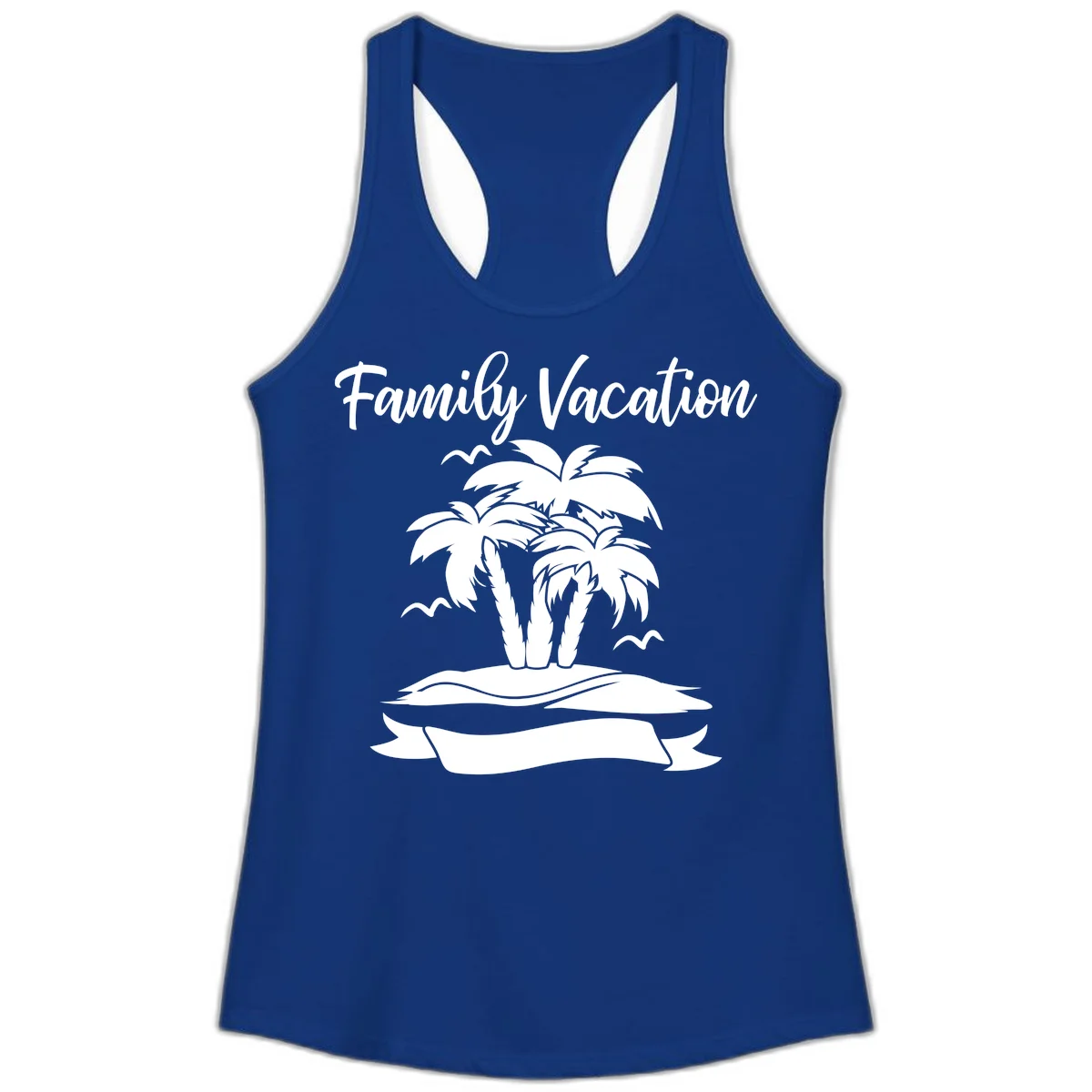 Family Vacation Palm Tree Island Ladies Tank in Solid Royal